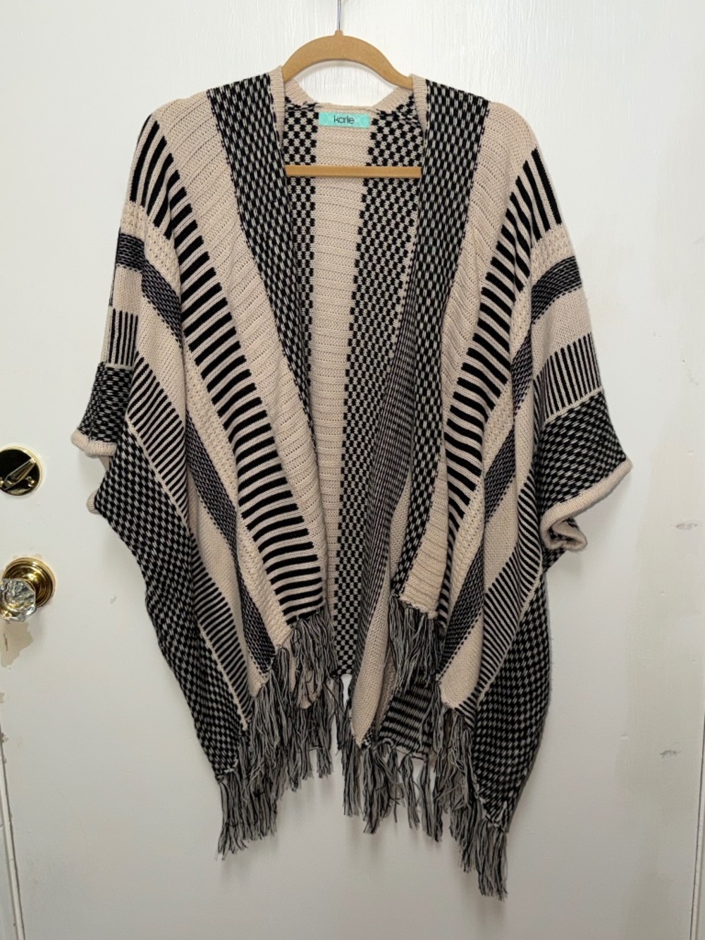 Karlie beige and black striped knit poncho sweater